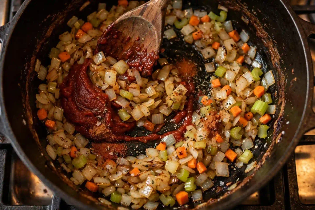 The Best Lentil Soup 3 Tomato paste and spices being stirred into caramelized vegetables in a Dutch oven