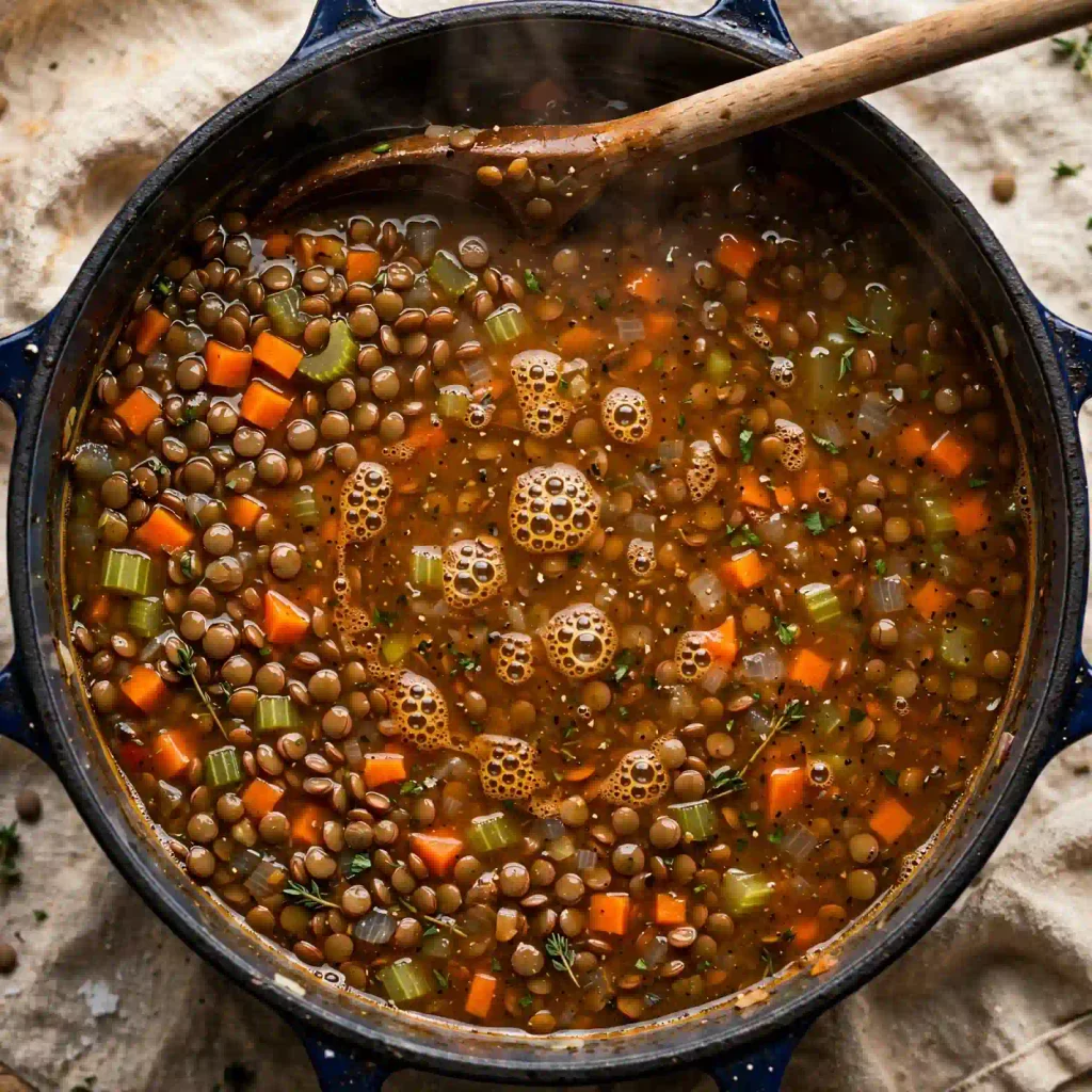 The Best Lentil Soup 4 Lentil soup simmering in a Dutch oven with visible lentils, carrots, and celery in a rich broth