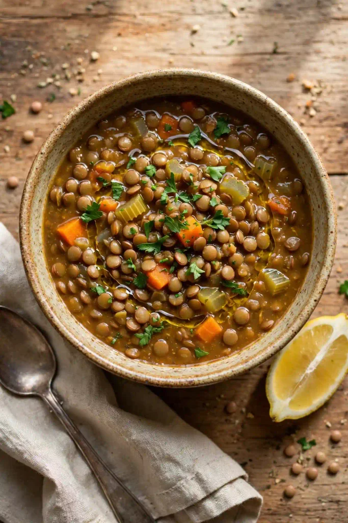 The Best Lentil Soup 2 Overhead shot of a bowl of lentil soup topped with fresh parsley, lemon, and a drizzle of olive oil.