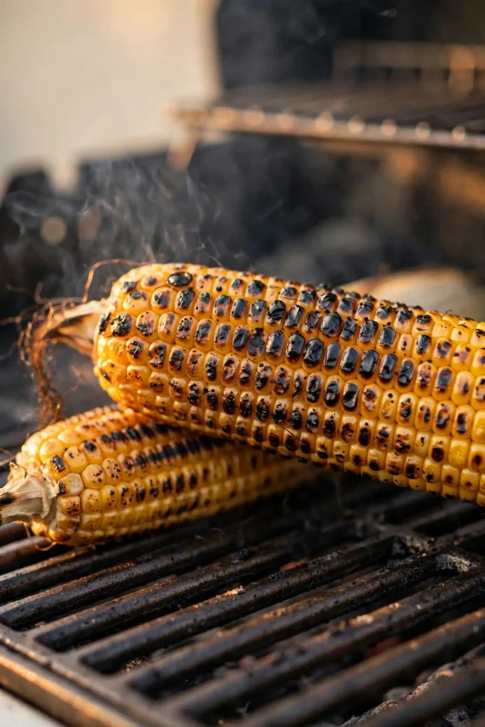 Mexican Street Corn 3 Four ears of corn on a hot grill, kernels charring and blistering in spots