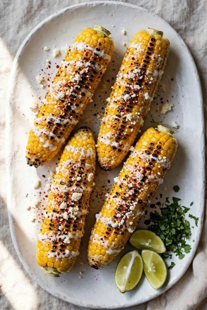 Mexican Street Corn 2 Grilled Mexican street corn on a white platter, coated in crema and crumbled cotija cheese, dusted with chili powder and topped with lime wedges and chopped cilantro