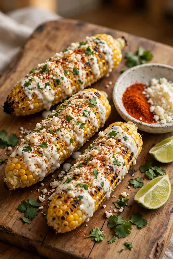 Mexican Street Corn 5 Three ears of finished Mexican street corn on a wooden serving board with lime wedges and a small dish of extra cotija and chili powder.