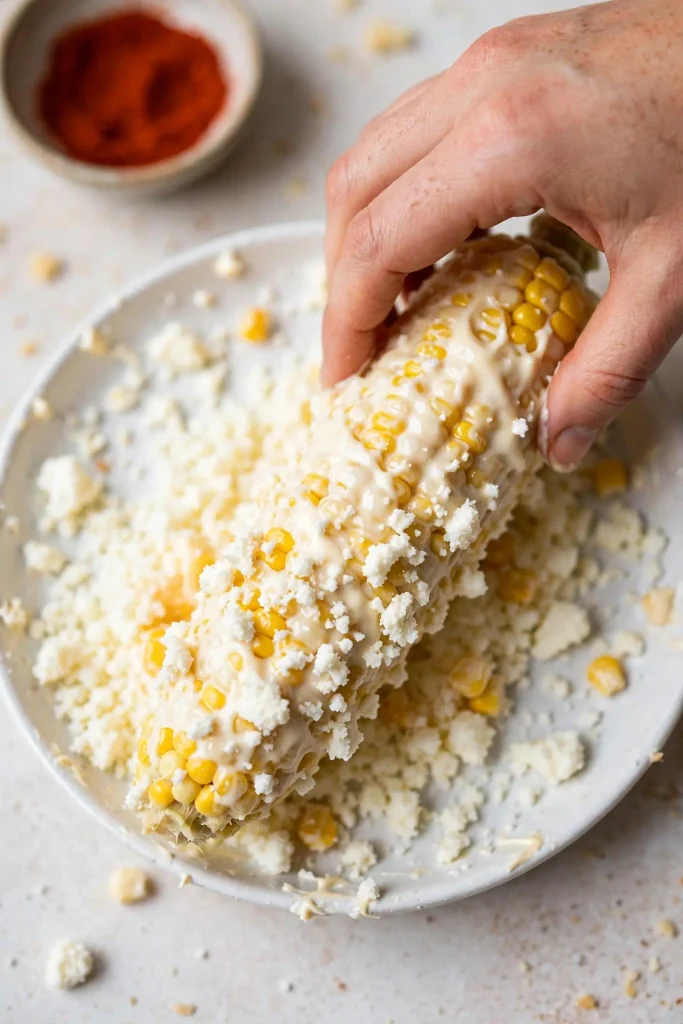 Mexican Street Corn 4 A hand rolling a mayo-crema-coated ear of corn in a shallow dish of crumbled cotija cheese