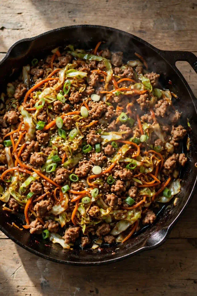 Egg Roll In a Bowl 2 Overhead view of egg roll in a bowl in a skillet, browned ground pork mixed with wilted cabbage and carrots, topped with sliced green onion and sesame seeds.