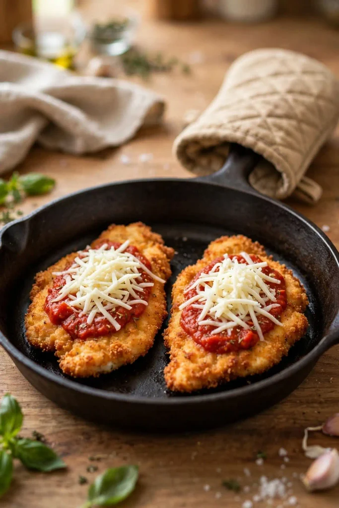 Chicken Parmesan Recipe 4 Breaded chicken cutlets in a cast iron skillet topped with marinara sauce and shredded mozzarella, ready to go into the oven.