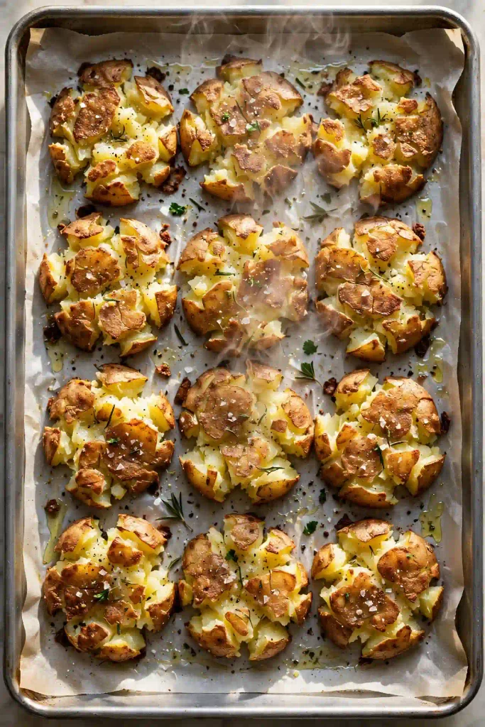 Crispy Smashed Potatoes 4 Smashed potatoes on a baking sheet with crispy golden-brown edges fresh out of the oven