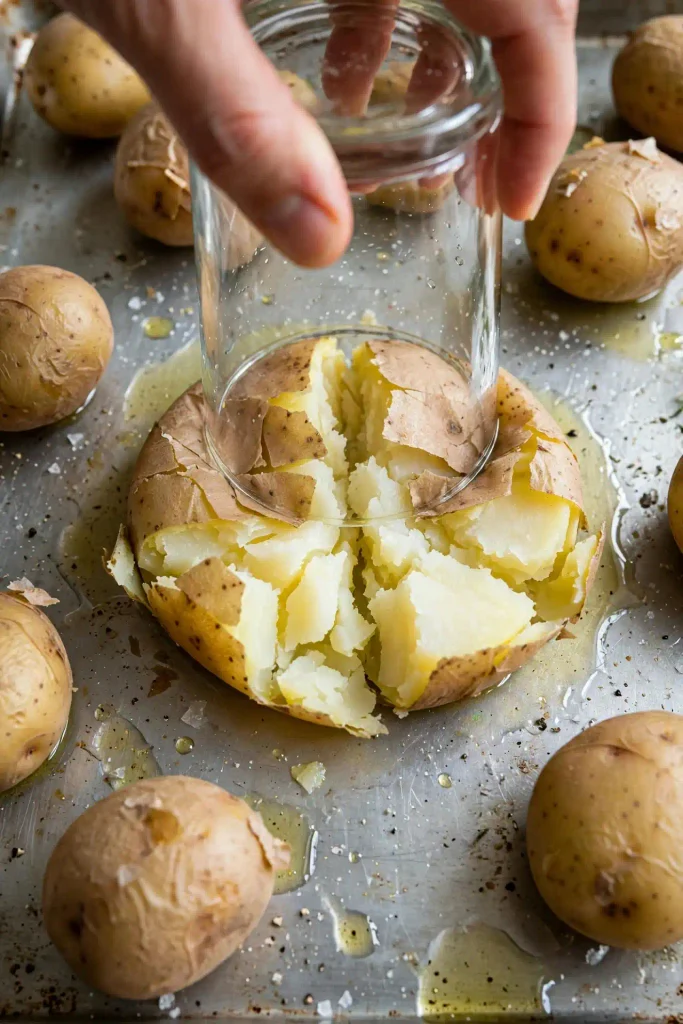 Crispy Smashed Potatoes 3 Boiled, skin-on potato being flattened with the bottom of a glass on an oiled baking sheet.