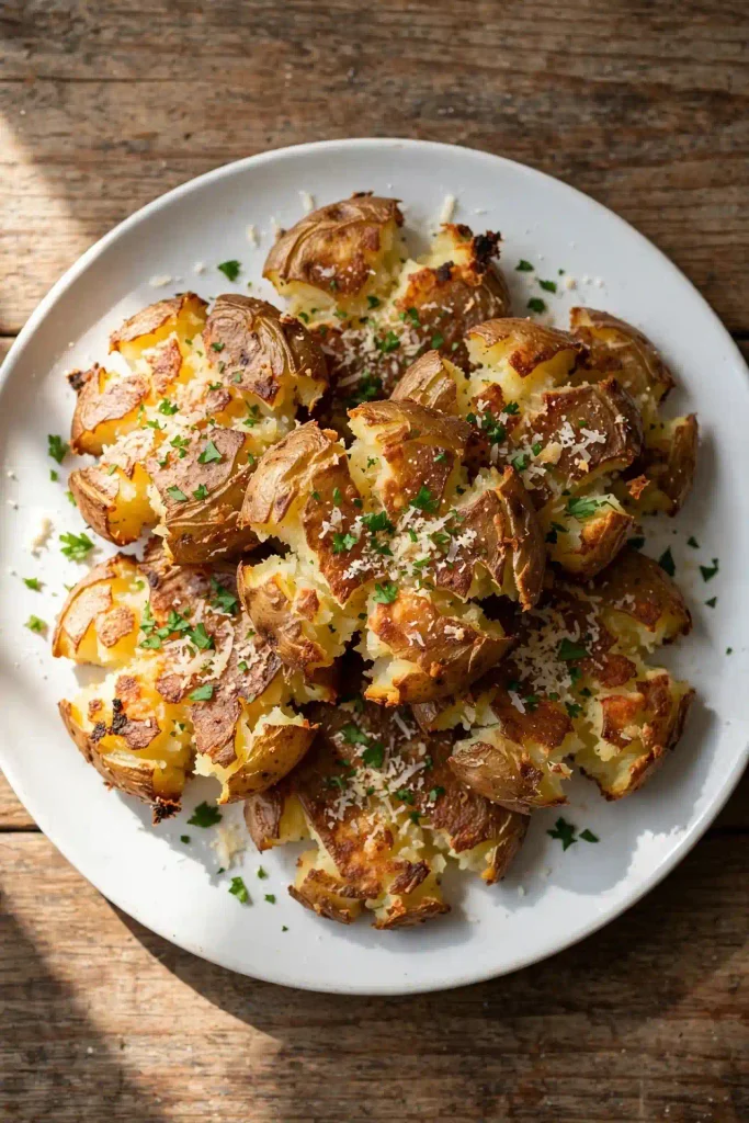 Crispy Smashed Potatoes 2 Overhead shot of crispy golden smashed potatoes topped with parmesan and parsley on a white plate