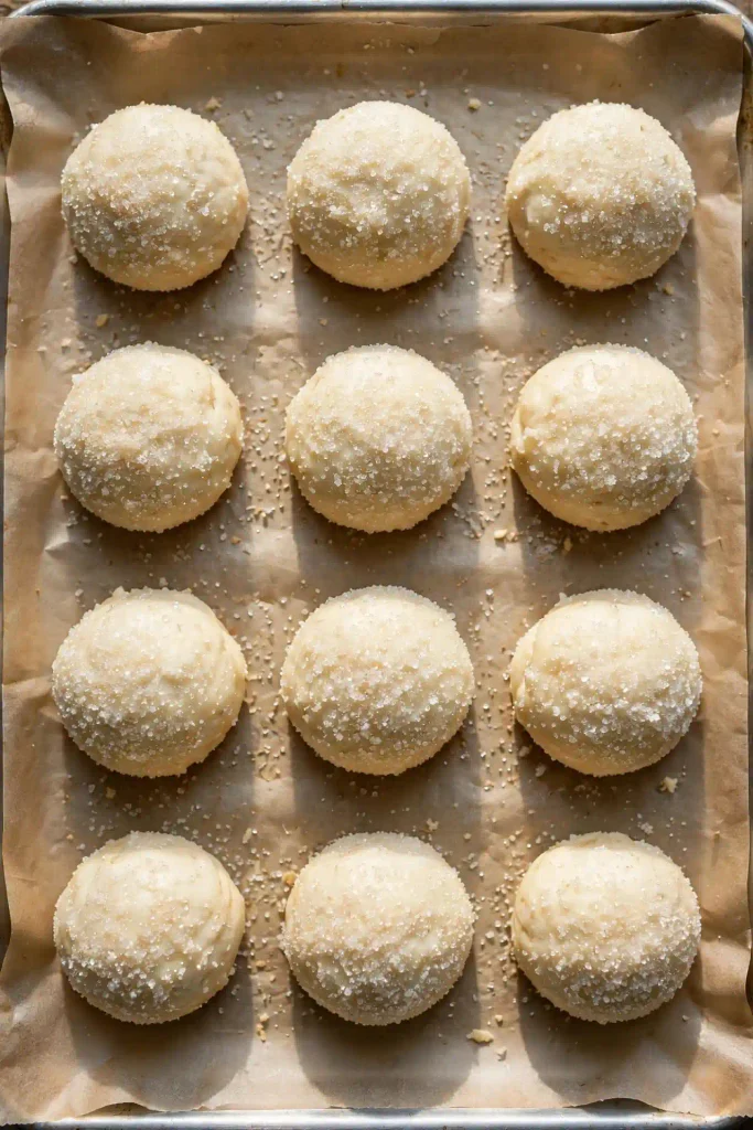 Sugar Cookies Recipe 4 Unbaked sugar cookie dough balls rolled in sugar on a parchment-lined baking sheet, ready to go into the oven.