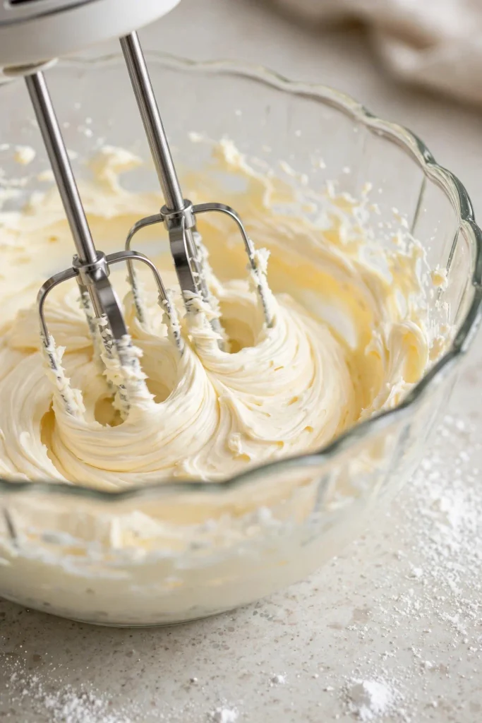 Sugar Cookies Recipe 3 Butter and sugar being creamed together in a mixing bowl with a hand mixer, pale and slightly grainy in texture.