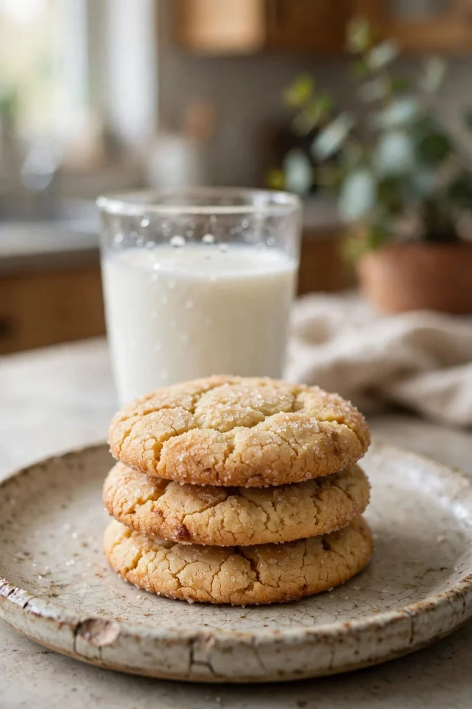 Sugar Cookies Recipe 5 A plate of soft sugar cookies with crackled sugar tops served with a glass of milk.