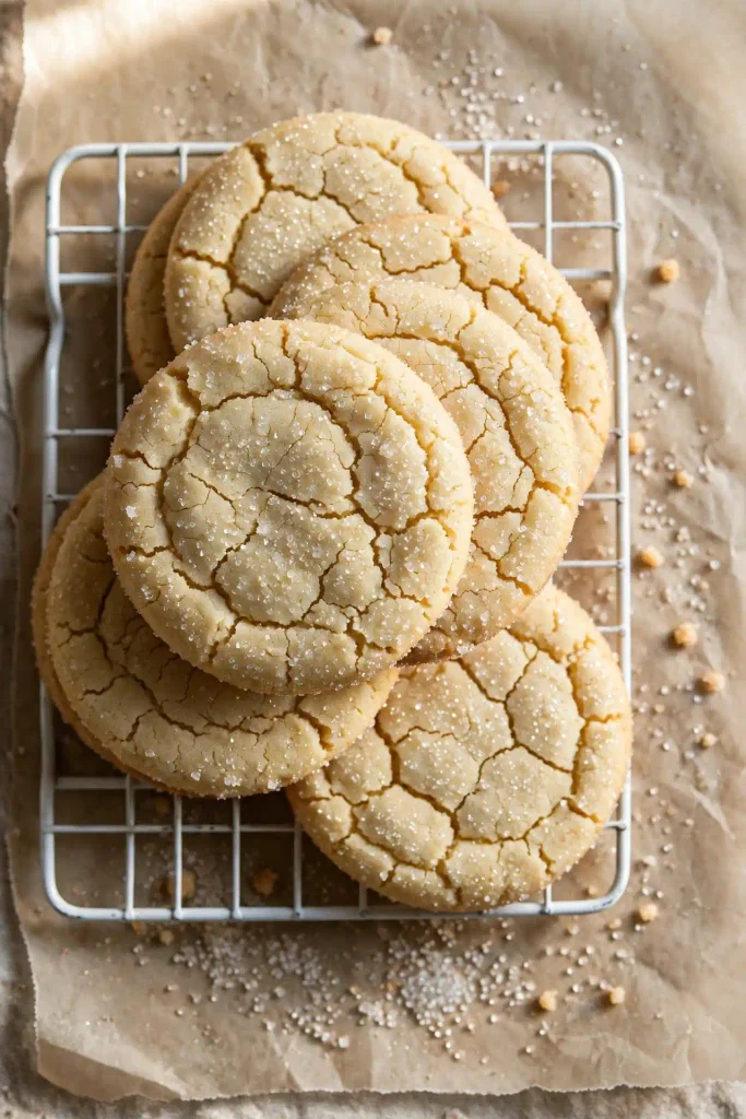 Sugar Cookies Recipe 2 A stack of soft sugar cookies rolled in granulated sugar with crackled tops, cooling on a wire rack.
